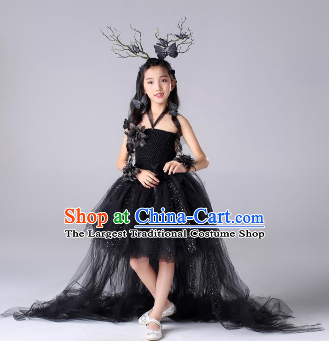 Custom Compere Garment Costumes Stage Show Fashion Children Catwalks Clothing Girl Black Veil Bubble Dress