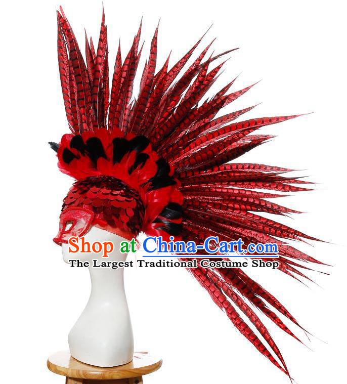 Handmade Halloween Male Headwear Stage Performance Hair Accessories Rio Carnival Red Feather Hat Cosplay Warrior Headdress