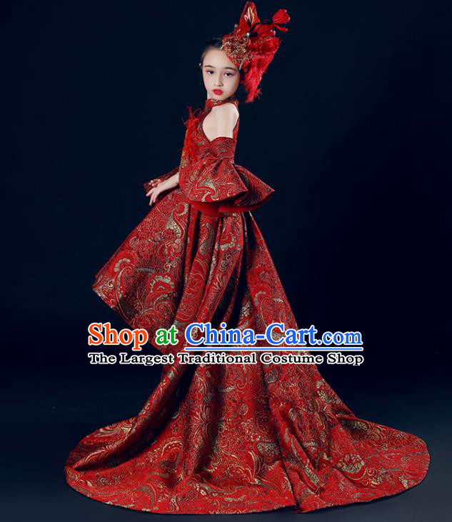 Custom Girl Stage Show Fashion Children Catwalks Clothing Baroque Princess Red Trailing Dress Baby Compere Garment Costumes