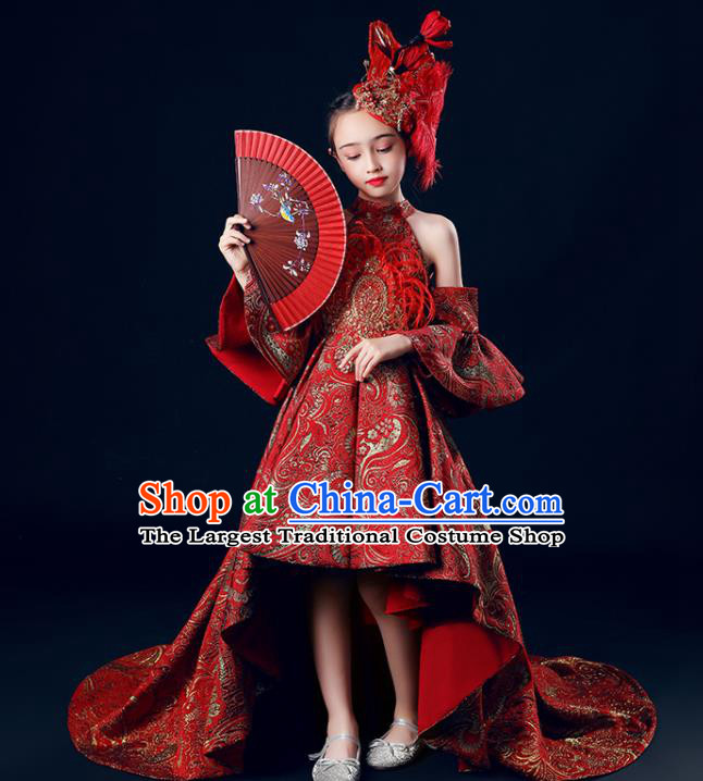 Custom Girl Stage Show Fashion Children Catwalks Clothing Baroque Princess Red Trailing Dress Baby Compere Garment Costumes