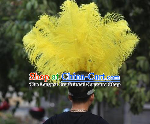 Handmade Samba Dance Hair Crown Rio Carnival Yellow Ostrich Feather Hat Halloween Male Headwear Stage Performance Hair Accessories