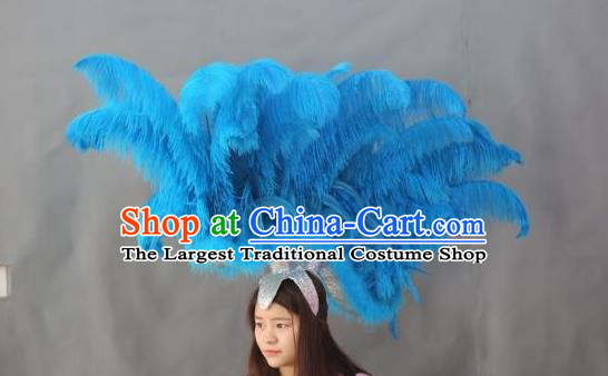 Handmade Samba Dance Hair Accessories Rio Carnival Blue Ostrich Feather Hat Halloween Cosplay Headwear Stage Performance Giant Hair Crown