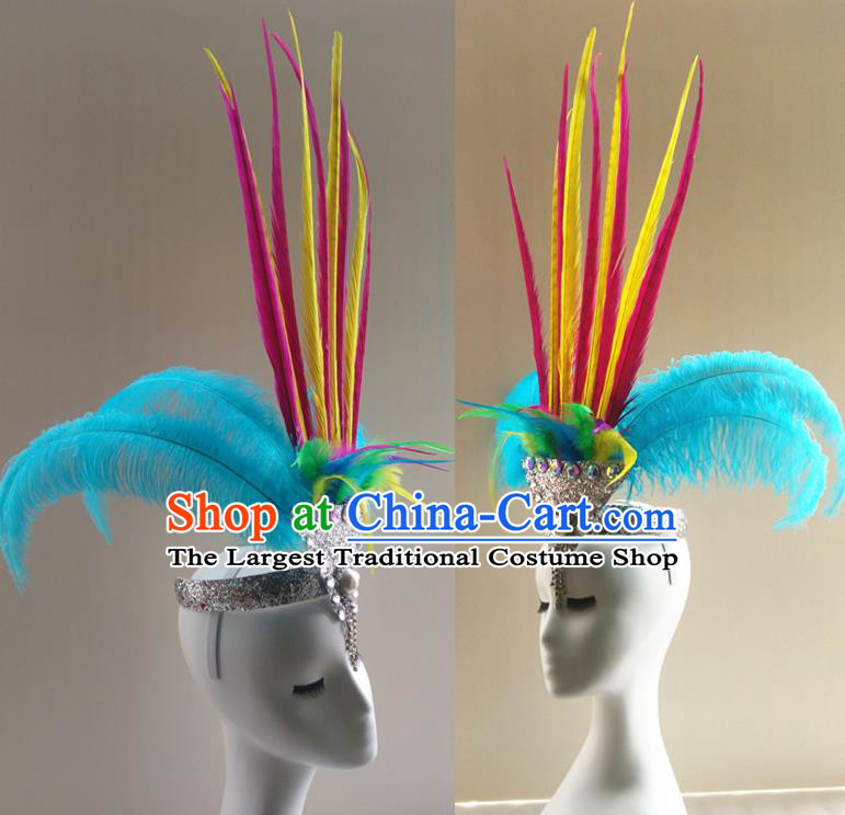 Handmade Catwalks Headwear Stage Performance Giant Hair Crown Samba Dance Hair Accessories Rio Carnival Blue Feather Hat