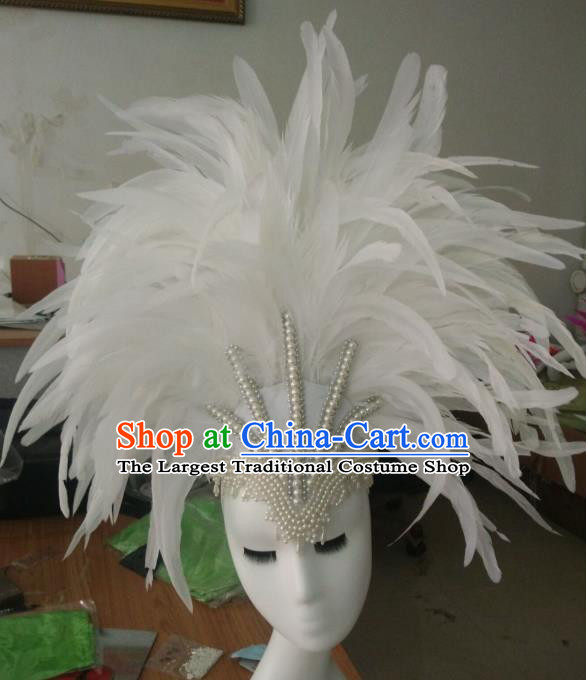 Handmade Rio Carnival Deluxe White Feather Hat Catwalks Pearls Headpiece Stage Performance Hair Crown Samba Dance Hair Accessories