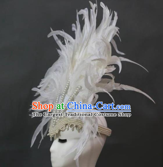 Handmade Rio Carnival Deluxe White Feather Hat Catwalks Pearls Headpiece Stage Performance Hair Crown Samba Dance Hair Accessories