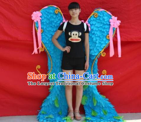 Top Halloween Cosplay Performance Decorations Miami Angel Catwalks Giant Props Stage Show Blue Ostrich Feather Wings Opening Dance Back Accessories