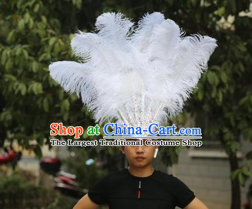 Handmade Rio Carnival White Feather Hat Halloween Male Headwear Stage Performance Hair Accessories Samba Dance Hair Crown