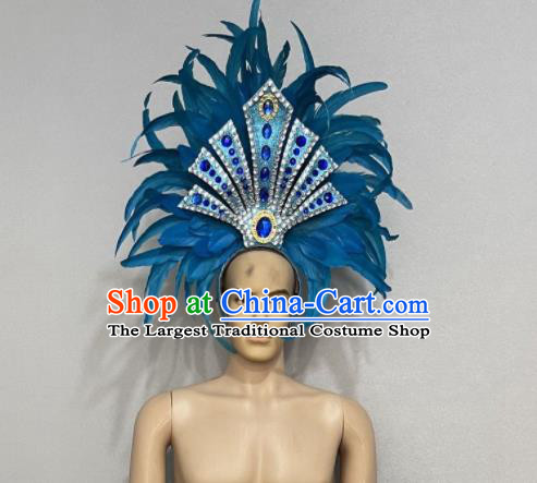 Custom Opening Dance Deluxe Blue Feather Hair Crown Halloween Performance Headdress Brazil Parade Giant Hat Samba Dance Hair Accessories