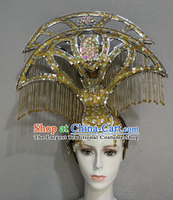 Custom Halloween Catwalks Headdress Brazil Parade Giant Hat Samba Dance Hair Accessories Opening Dance Golden Bells Tassel Hair Crown