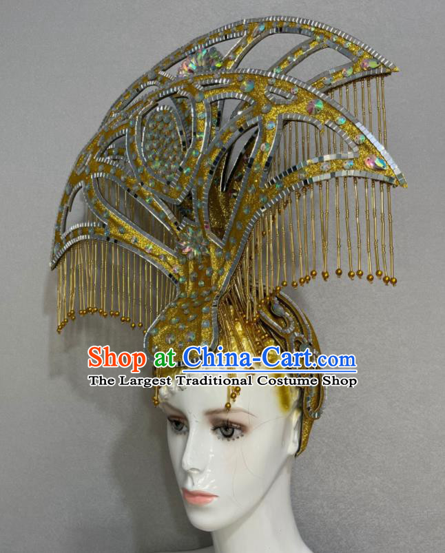 Custom Halloween Catwalks Headdress Brazil Parade Giant Hat Samba Dance Hair Accessories Opening Dance Golden Bells Tassel Hair Crown