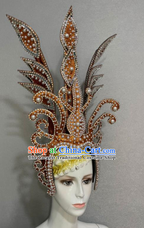 Custom Halloween Opening Dance Headdress Brazil Parade Golden Hat Samba Dance Hair Accessories Catwalks Pearls Hair Crown