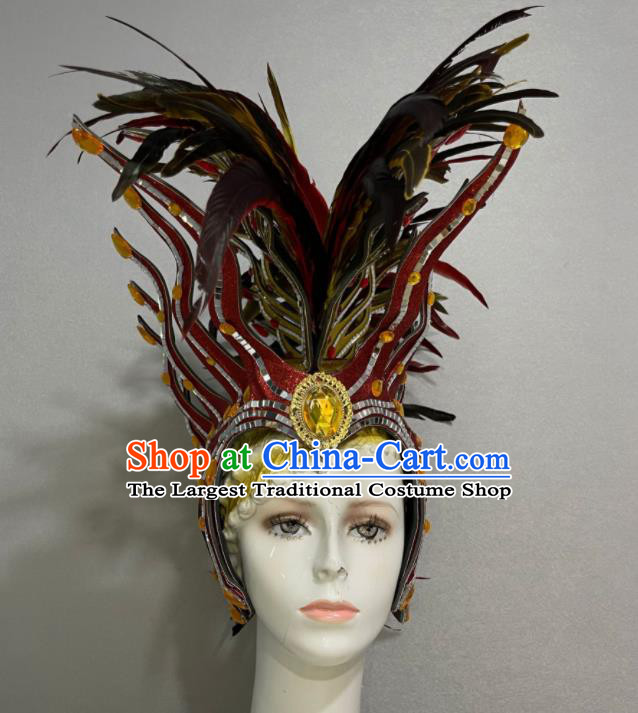 Custom Brazil Parade Giant Red Hat Samba Dance Hair Accessories Halloween Catwalks Feather Hair Crown Opening Dance Headdress