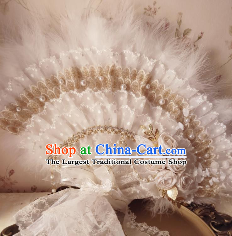 Handmade White Lace Fan Wedding Feather Fan Western Noble Lady Folding Fan European Princess Embroidery Pearls Fan