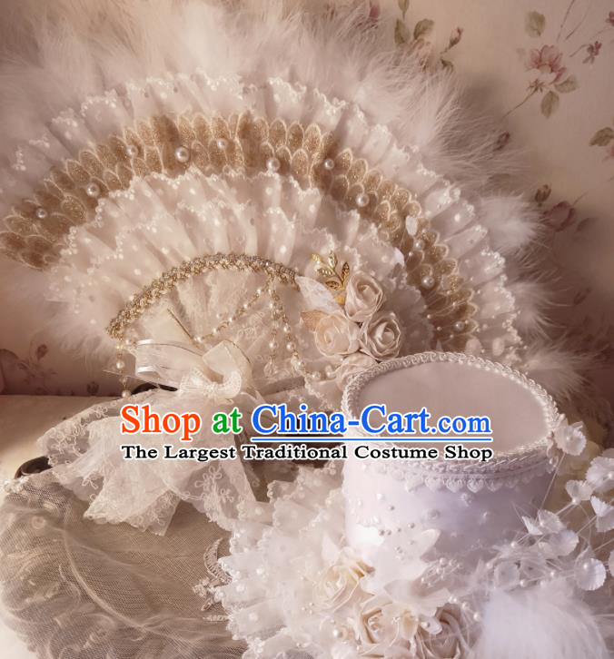 Handmade White Lace Fan Wedding Feather Fan Western Noble Lady Folding Fan European Princess Embroidery Pearls Fan
