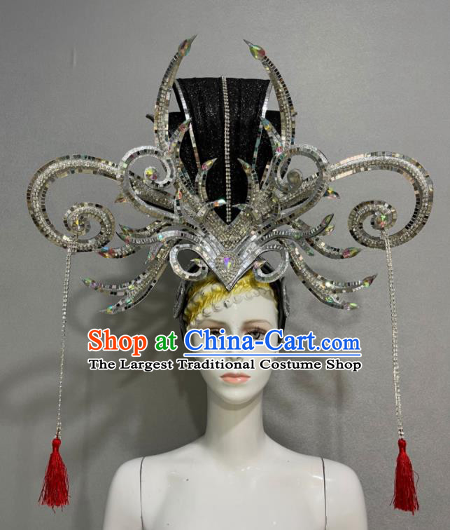 Custom Brazil Parade Argent Sequins Hat Samba Dance Hair Accessories Catwalks Giant Hair Crown Halloween Opening Dance Headdress