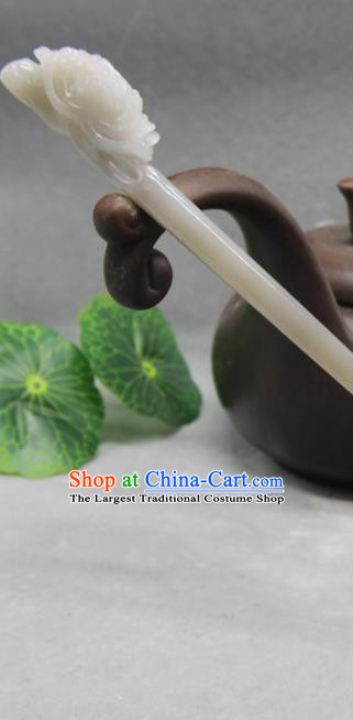 China Handmade Cheongsam Hair Accessories Traditional Jade Carving Peony Hairpin Ancient Princess Hair Stick