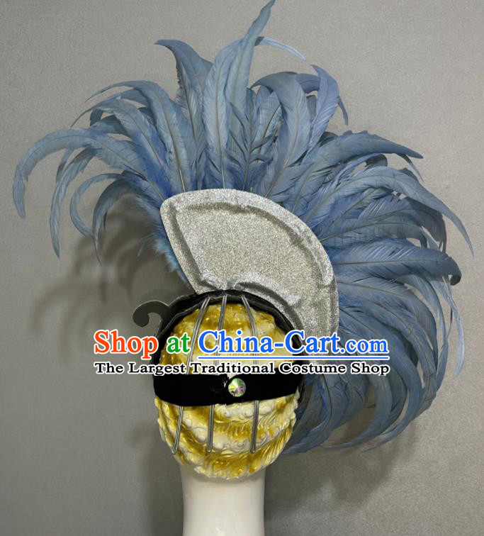 Custom Halloween Catwalks Giant Hair Crown Opening Dance Headdress Brazil Parade Blue Feather Hat Samba Dance Hair Accessories