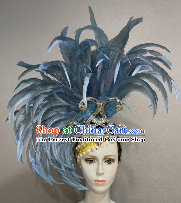 Custom Halloween Catwalks Giant Hair Crown Opening Dance Headdress Brazil Parade Blue Feather Hat Samba Dance Hair Accessories