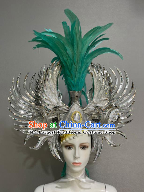 Custom Samba Dance Hair Accessories Halloween Catwalks Giant Argent Hair Crown Opening Dance Headdress Brazil Parade Green Feather Hat