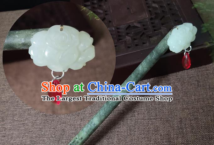 China Traditional Hair Accessories Jade Peony Hair Stick Classical Cheongsam Headpiece Handmade Carving Hairpin