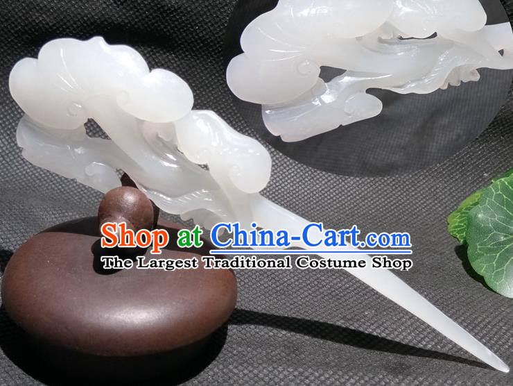 China Classical White Jade Headpiece Handmade Carving Hairpin Traditional Cheongsam Hair Accessories National Women Hair Stick