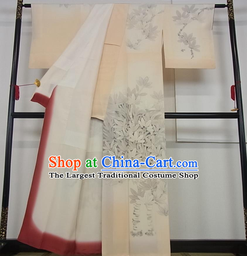 Japanese Classical Leaf Pattern Tsukesage Kimono Costume Young Lady Beige Silk Yukata Dress Traditional Ceremony Clothing