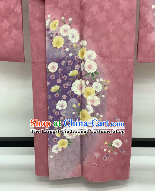 Japanese Classical Sakura Pattern Furisode Kimono Costume Young Woman Pink Silk Yukata Dress Traditional Court Clothing