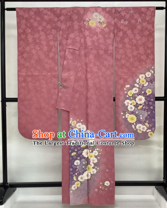 Japanese Classical Sakura Pattern Furisode Kimono Costume Young Woman Pink Silk Yukata Dress Traditional Court Clothing