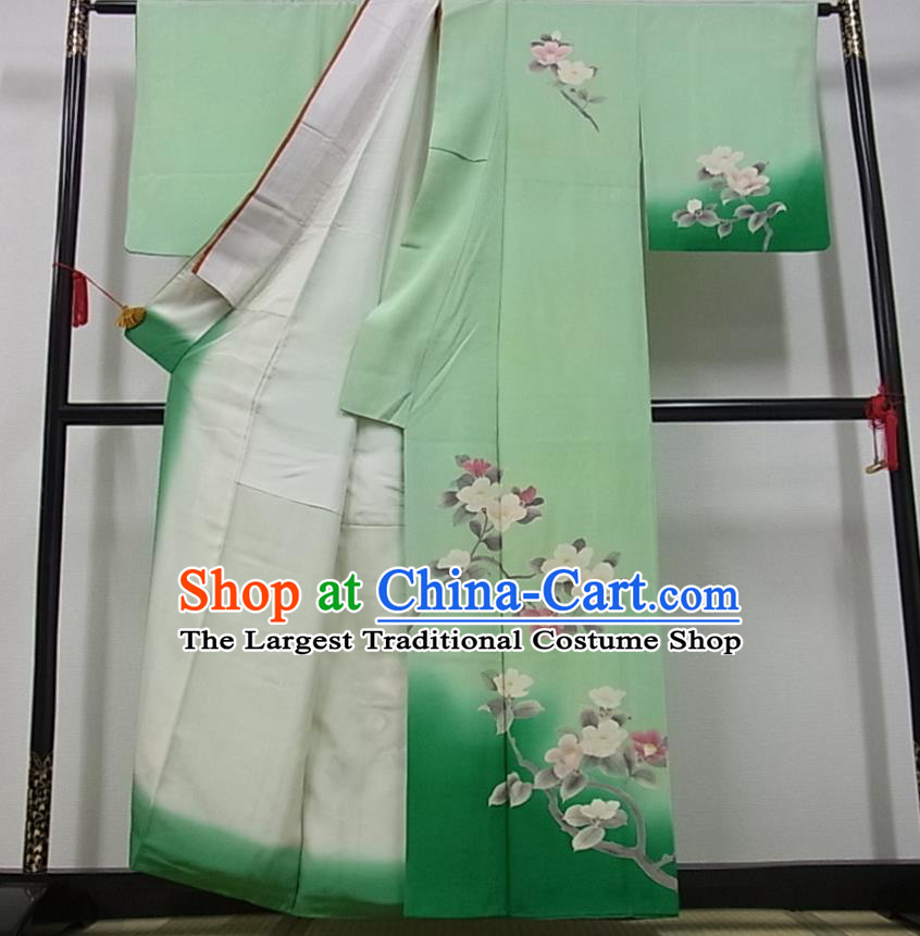 Japanese Classical Hibiscus Pattern Tsukesage Kimono Costume Young Woman Green Yukata Dress Traditional Court Lady Clothing
