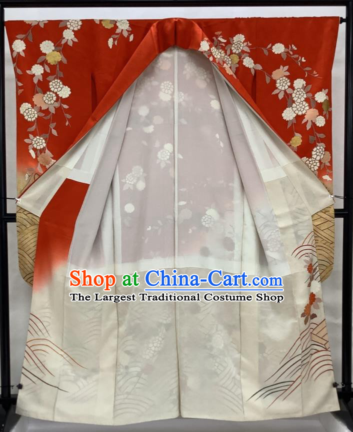 Japanese Traditional Wedding Bride Clothing Classical Sakura Pattern Furisode Kimono Costume Court Woman Red Yukata Dress