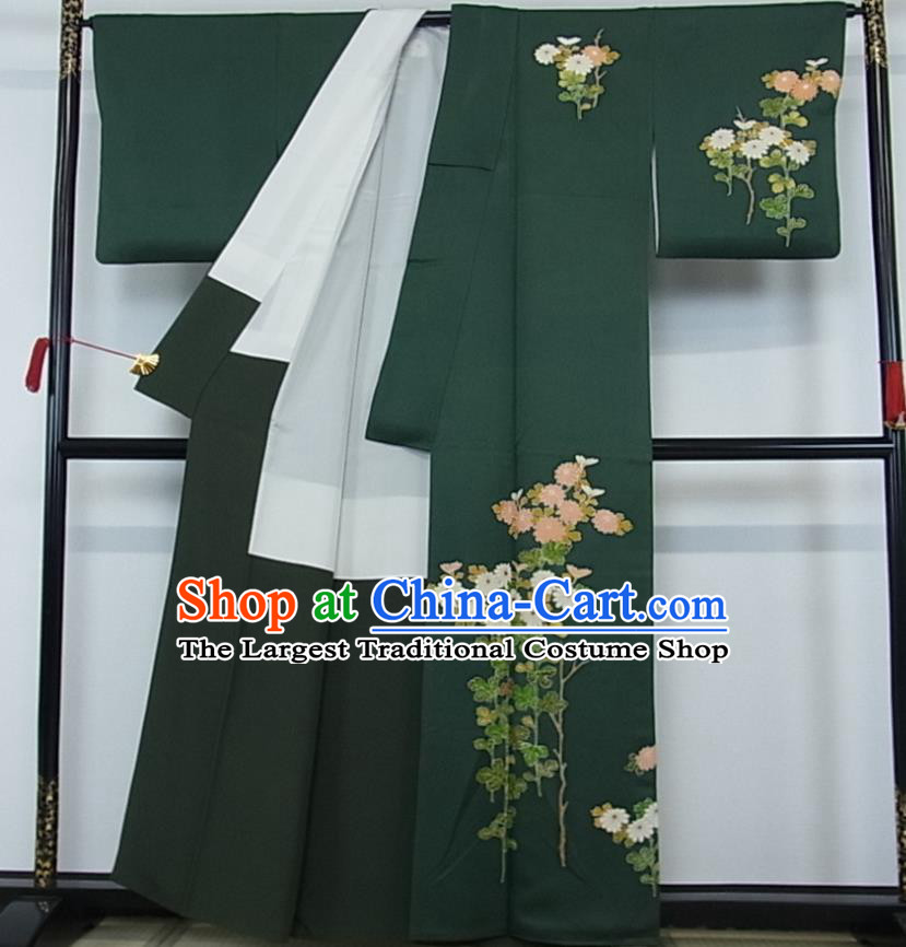 Japanese Traditional Ceremony Clothing Classical Chrysanthemum Pattern Tsukesage Kimono Costume Noble Woman Deep Green Yukata Dress