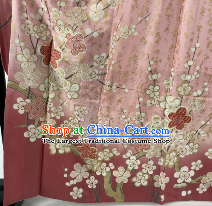 Japanese Traditional Ceremony Clothing Classical Plum Blossom Pattern Furisode Kimono Costume Wedding Bride Pink Silk Yukata Dress