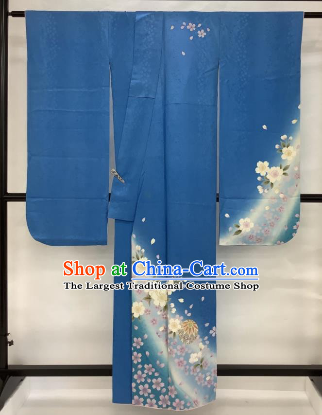 Japanese Young Female Blue Yukata Dress Traditional Ceremony Clothing Classical Sakura Pattern Furisode Kimono Costume