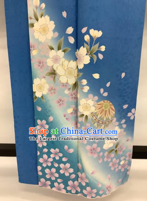 Japanese Young Female Blue Yukata Dress Traditional Ceremony Clothing Classical Sakura Pattern Furisode Kimono Costume