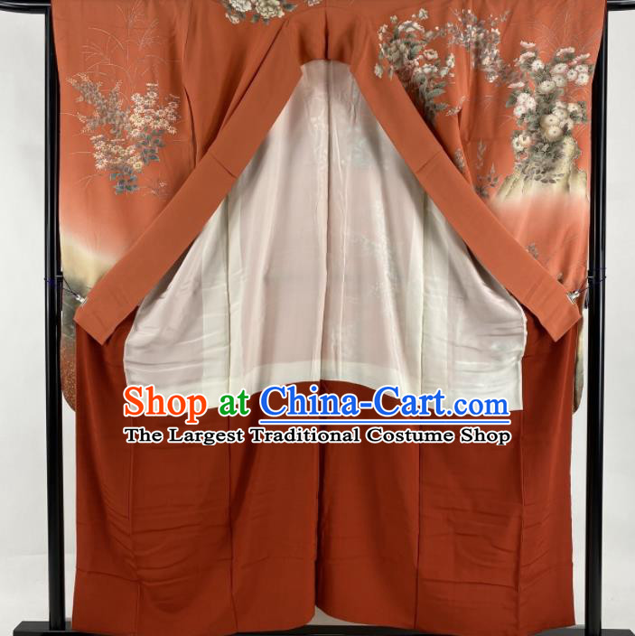 Japanese Classical Peony Pattern Furisode Kimono Costume Court Woman Orange Yukata Dress Traditional Wedding Bride Clothing