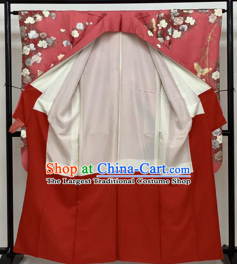 Japanese Traditional Wedding Ceremony Clothing Classical Peony Butterfly Pattern Furisode Kimono Costume Bride Pink Silk Yukata Dress