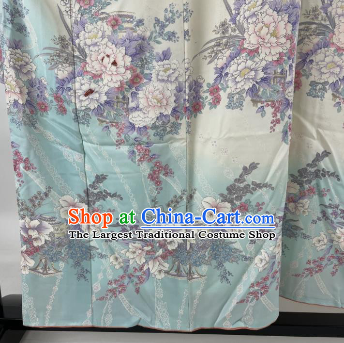 Japanese Traditional Wedding Clothing Classical Peony Pattern Furisode Kimono Costume Young Woman Silk Yukata Dress