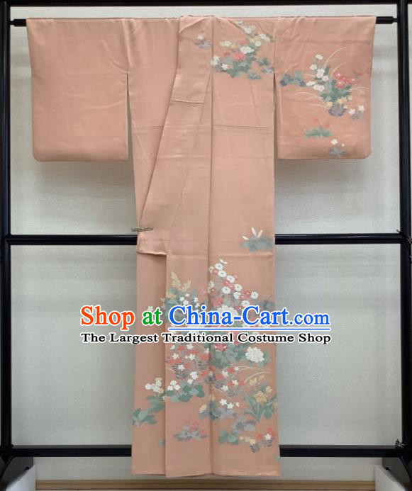 Japanese Classical Flowers Pattern Tsukesage Kimono Costume Young Woman Pink Yukata Dress Traditional Festival Clothing