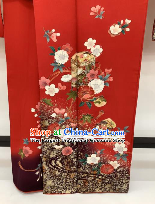 Japanese Classical Sakura Pine Pattern Furisode Kimono Costume Court Woman Red Silk Yukata Dress Traditional Festival Clothing