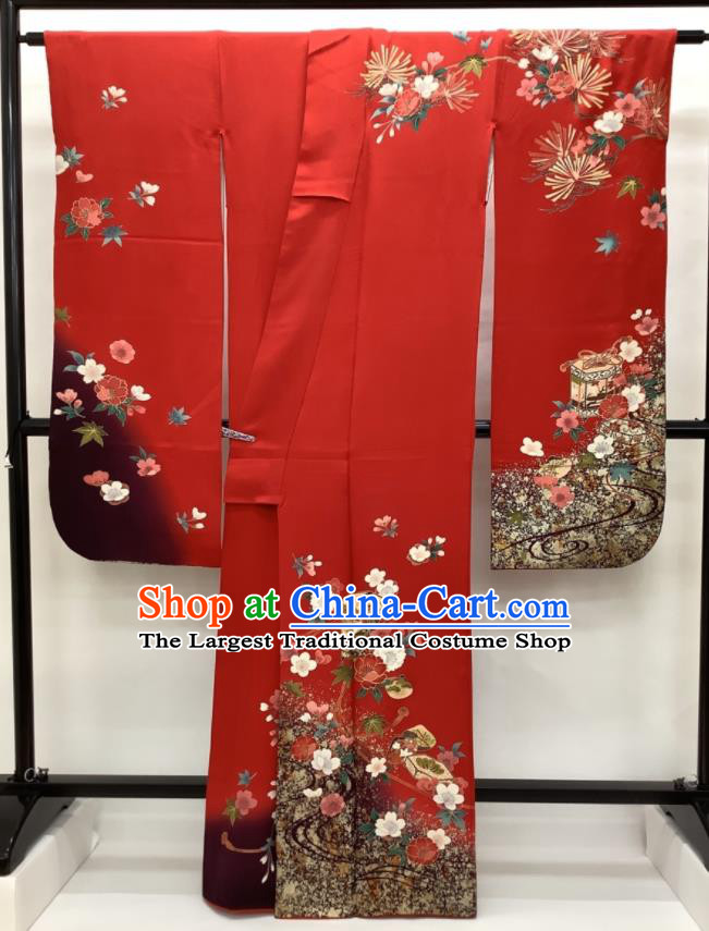 Japanese Classical Sakura Pine Pattern Furisode Kimono Costume Court Woman Red Silk Yukata Dress Traditional Festival Clothing