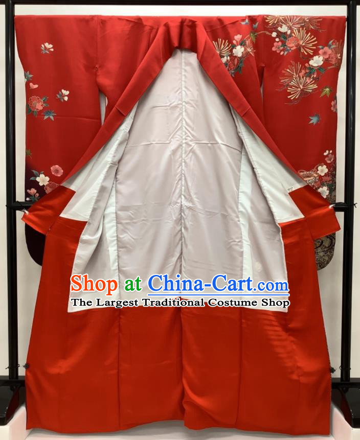 Japanese Classical Sakura Pine Pattern Furisode Kimono Costume Court Woman Red Silk Yukata Dress Traditional Festival Clothing