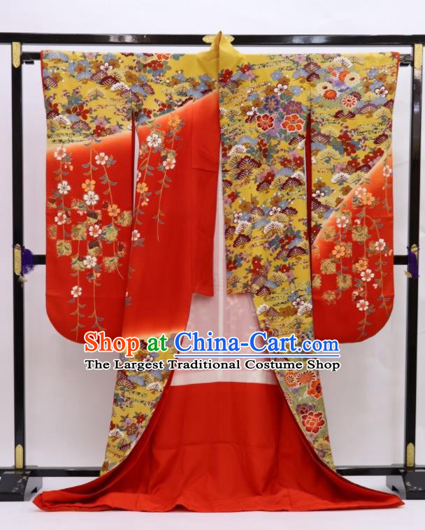 Japanese Traditional Wedding Bride Clothing Classical Flowers Pattern Furisode Kimono Costume Court Woman Red Silk Yukata Dress