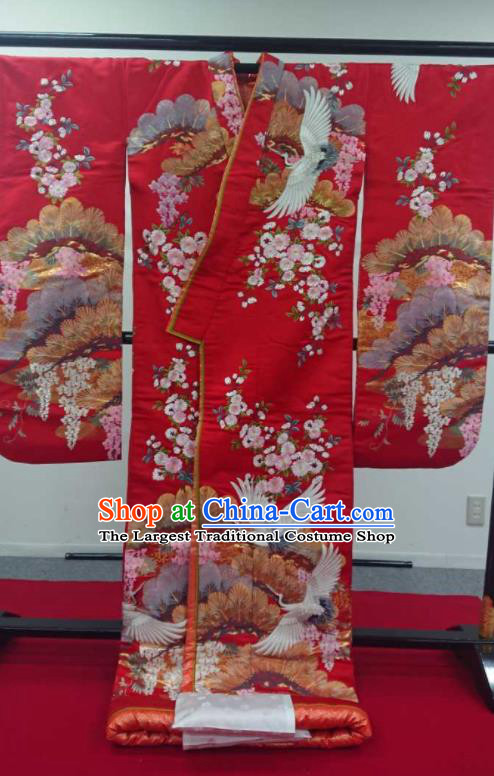 Japanese Traditional Wedding Bride Clothing Classical Cranes Pattern Uchikake Kimono Costume Geisha Performance Red Silk Yukata Dress