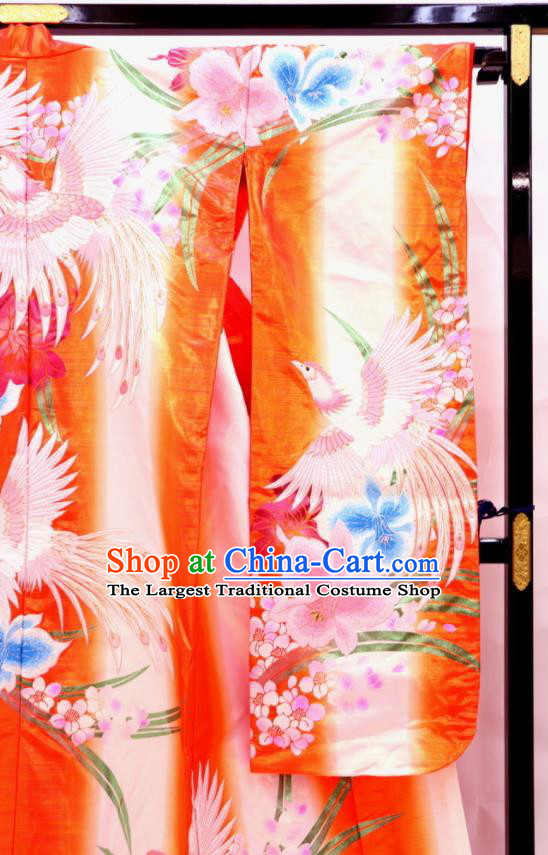 Japanese Geisha Courtesan Orange Silk Yukata Dress Traditional Court Bride Clothing Classical Phoenix Pattern Uchikake Kimono Costume