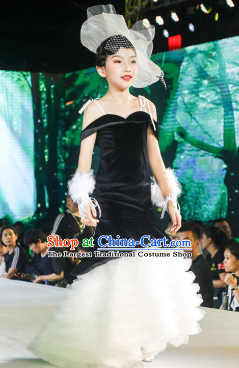 Custom Children Princess Fashion Modern Dance Black Velvet Clothing Girl Catwalks Garment Costumes Stage Show Veil Fishtail Full Dress