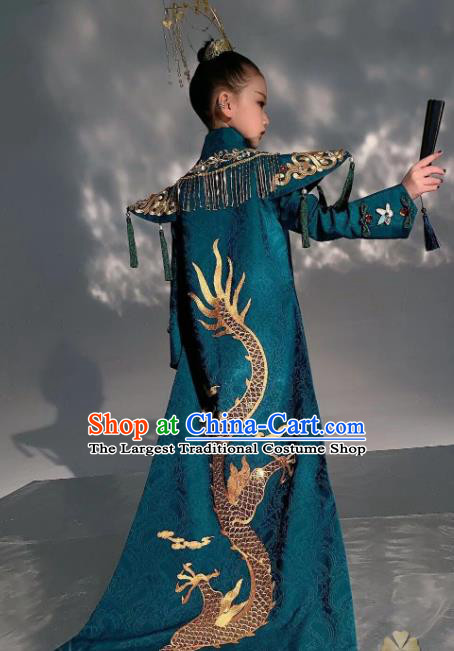 Chinese Children Kung Fu Performance Deep Blue Dress Outfits Stage Show Fashion Girl Catwalk Clothing Modern Dance Garment Costume