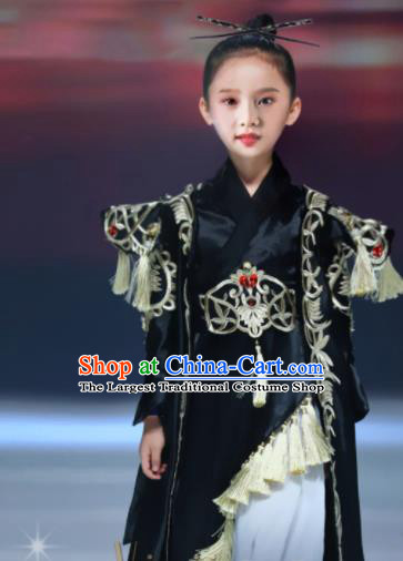 Chinese Girl Catwalk Clothing Chivalrous Garment Costume Children Kung Fu Performance Black Trailing Dress Stage Show Fashion