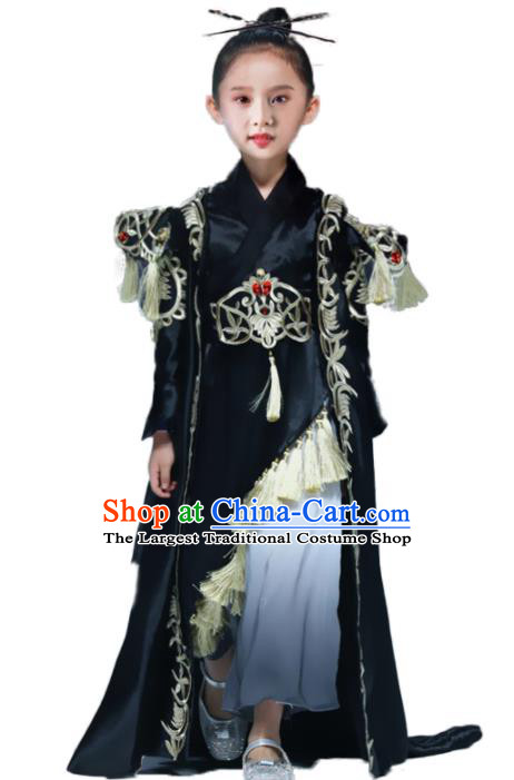 Chinese Girl Catwalk Clothing Chivalrous Garment Costume Children Kung Fu Performance Black Trailing Dress Stage Show Fashion