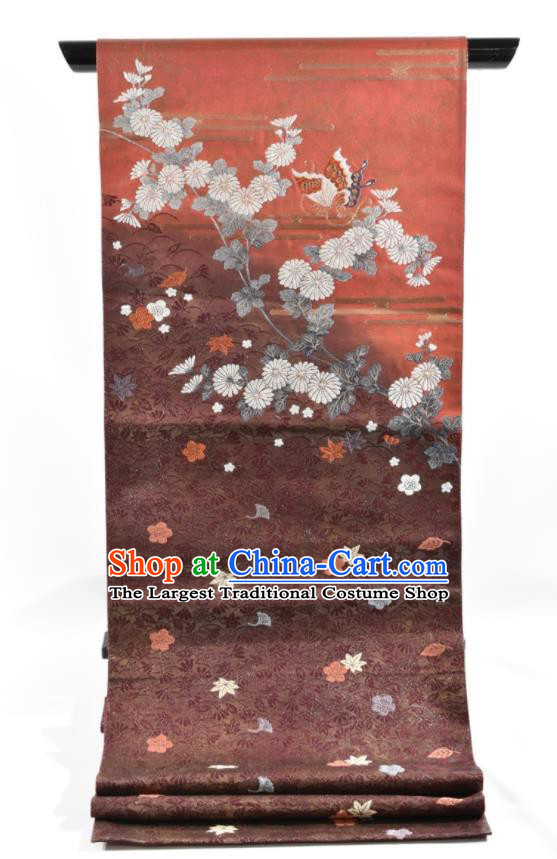 Japanese Handmade Nishijin Red Brocade Waistband Traditional Yukata Robe Girdle Accessories Classical Chrysanthemum Pattern Kimono Belt