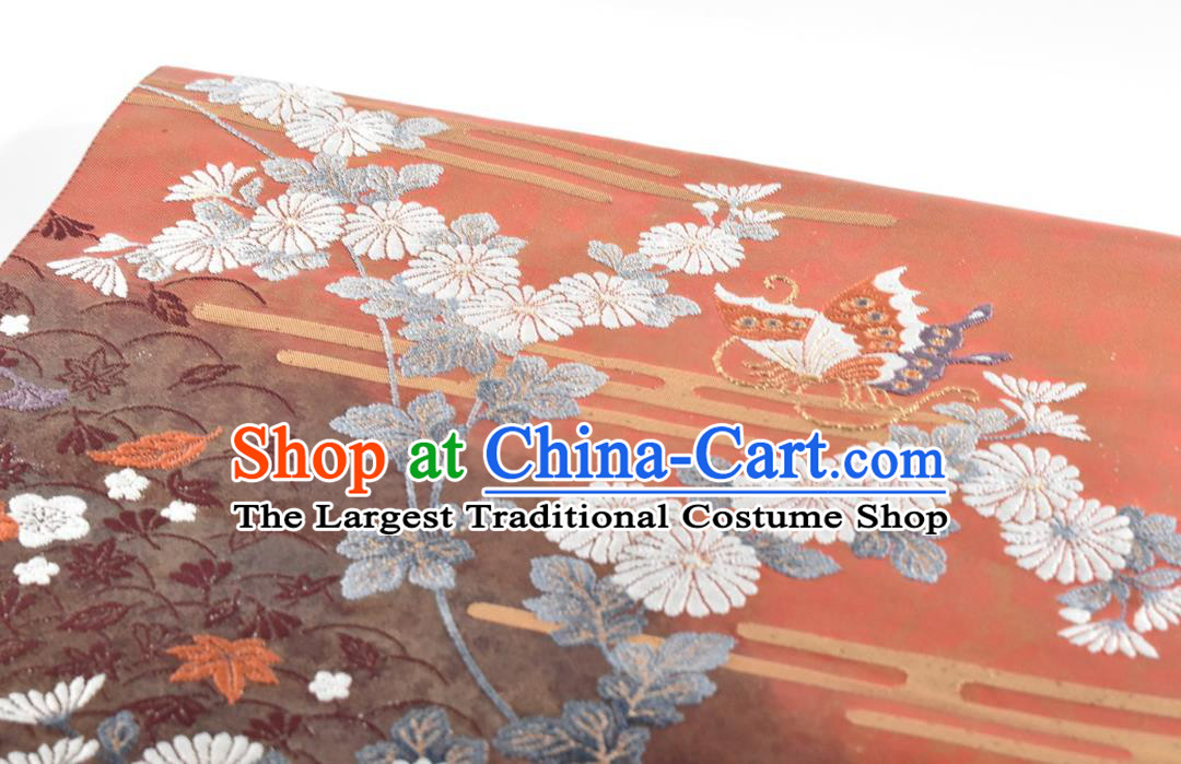 Japanese Handmade Nishijin Red Brocade Waistband Traditional Yukata Robe Girdle Accessories Classical Chrysanthemum Pattern Kimono Belt